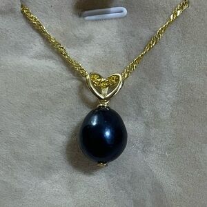 14K Gold Plated Black Tahitian  Pendant Necklace 22”